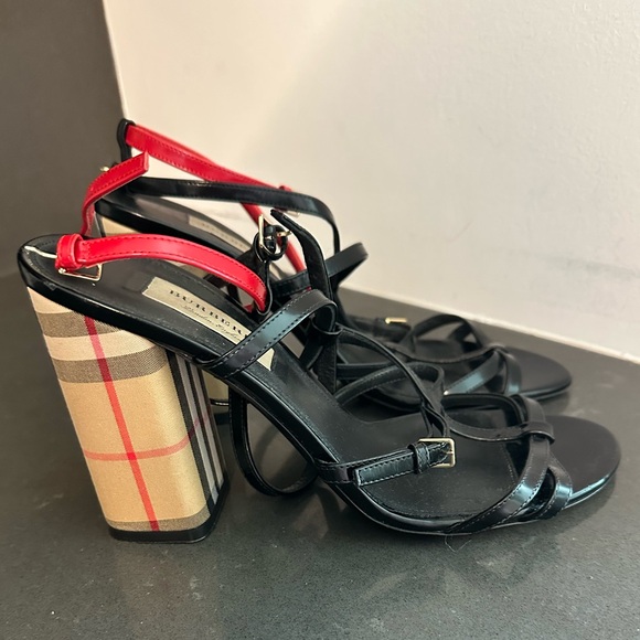 Burberry Shoes - Burberry Black & Red Plaid Block Heel Sandals